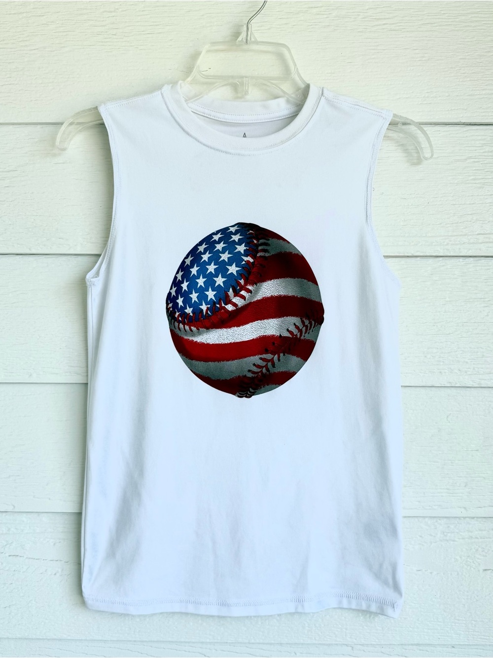 Kids White Sleeveless Tee American Flag Baseball Athletic Stretch 10-12 Large